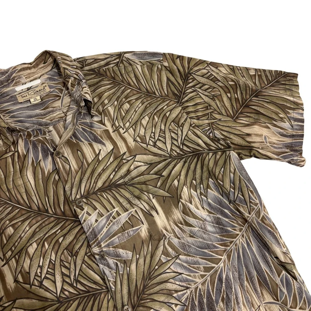 Tori Richard Aloha Shirt Mens XL Brown Palm Leaf Cotton Lawn Made‎ in Hawaii